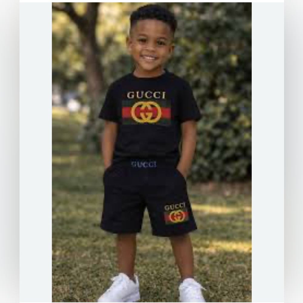 Gucci Black Tee & Shorts Set with Red/Green/Gold Logo
